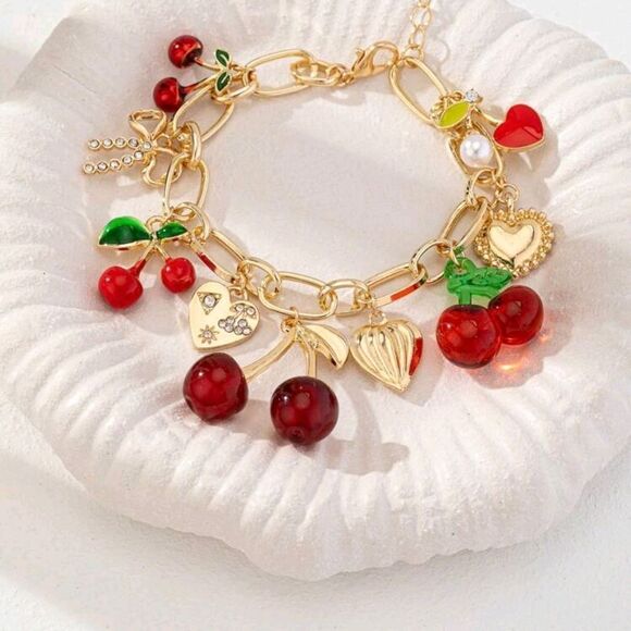 Sweet Multi Charm Red Cherry Heart  Bracelet Fun Gift - Picture 1 of 13